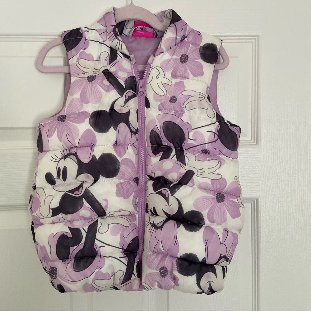 Minnie Mouse  Puffer Vest Girls 116 (5-6) Purple Floral Disney Junior Zip Up
